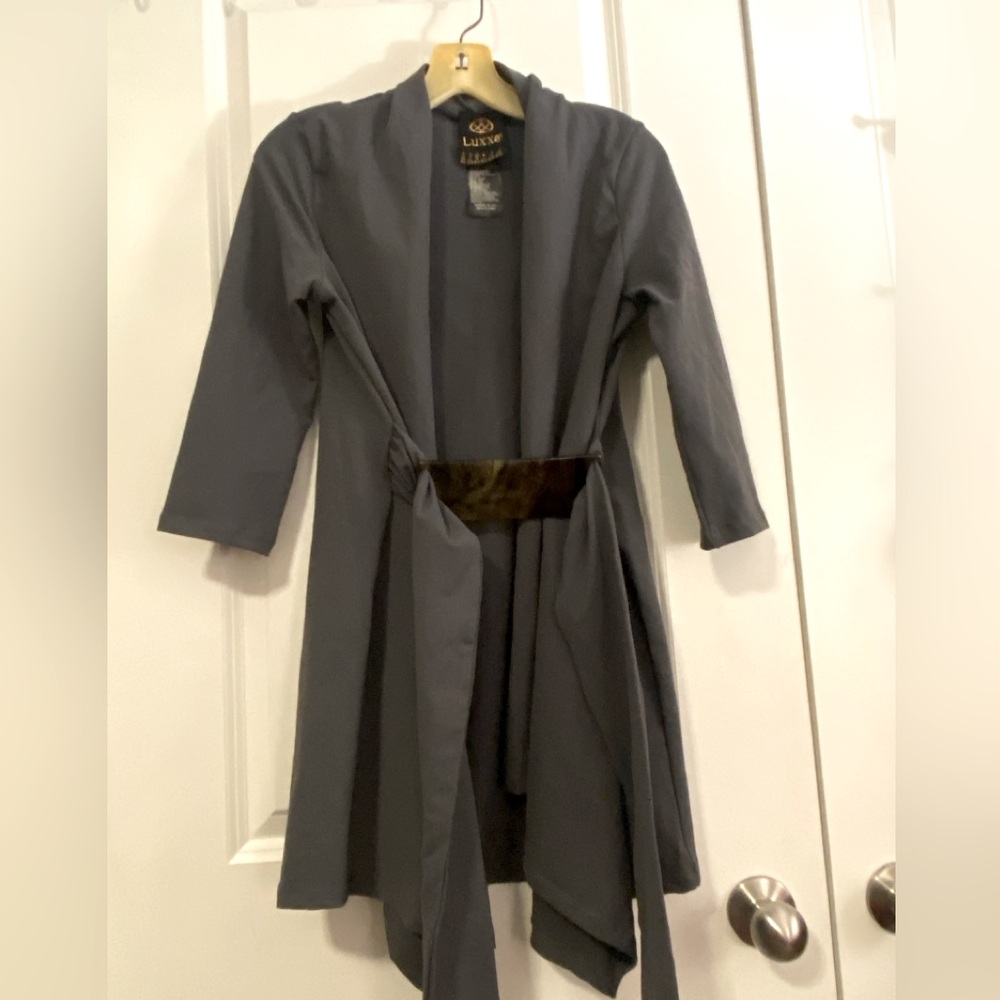 Luxxe gray long sleeve hand finished cardigan with large buckle.